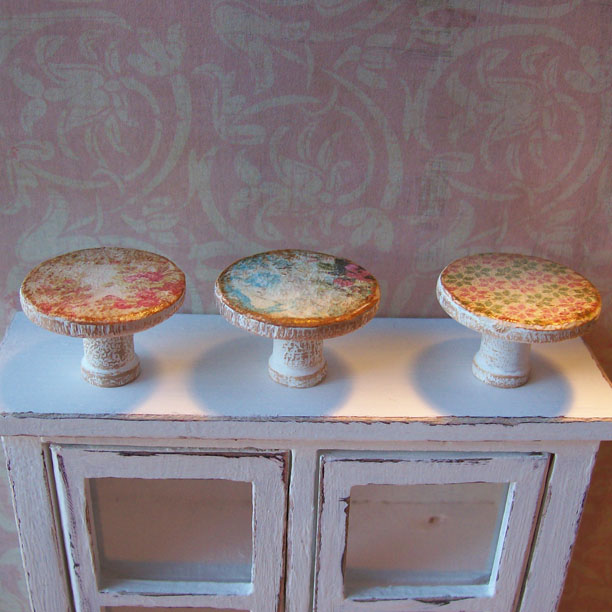 Le Petit Cottage Dollhouse Miniature cake plates and shabby white cabinet